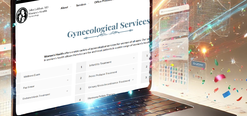 A laptop displaying a gynecological services webpage with a sleek modern design, surrounded by digital effects, confetti, and glowing interface elements. Bold yellow text reading "BIG UPDATES" is prominently displayed at the top and bottom, emphasizing significant website changes.