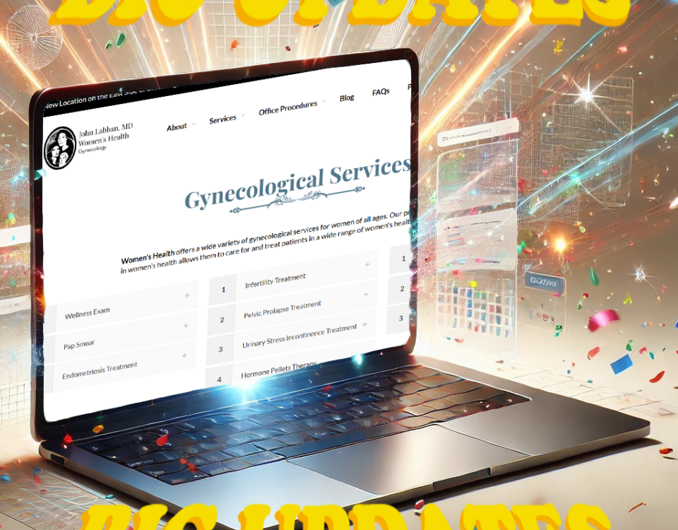 A laptop displaying a gynecological services webpage with a sleek modern design, surrounded by digital effects, confetti, and glowing interface elements. Bold yellow text reading "BIG UPDATES" is prominently displayed at the top and bottom, emphasizing significant website changes.