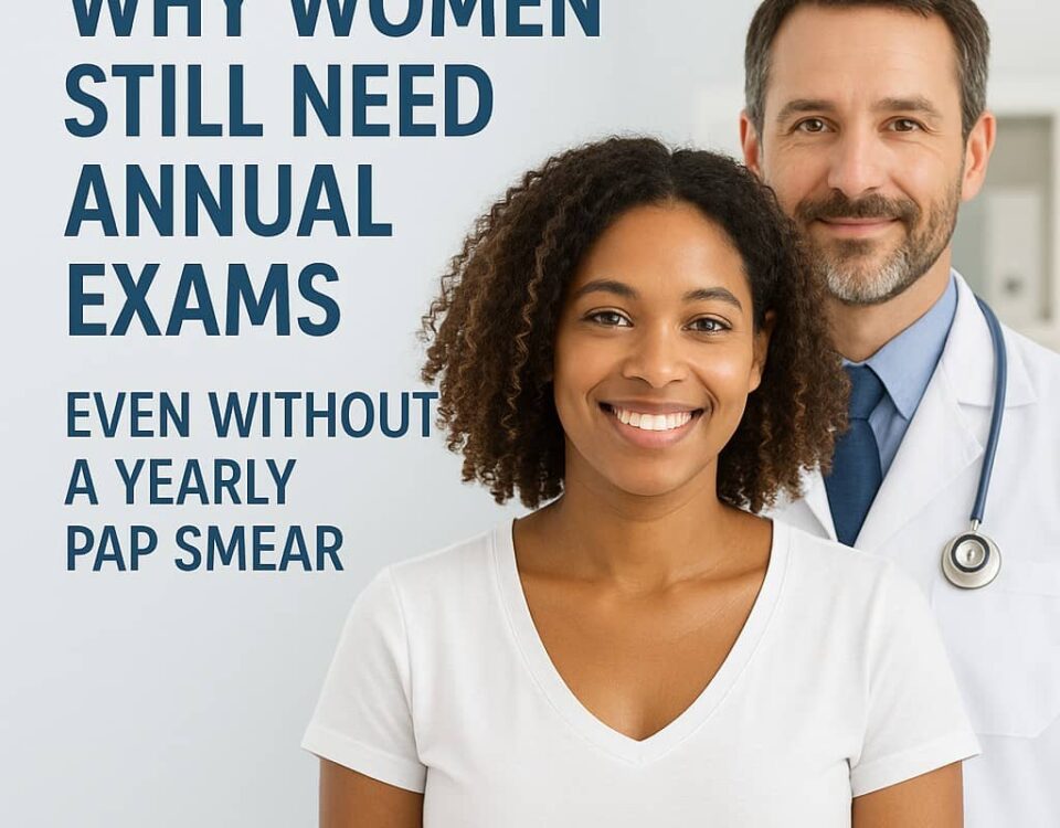 Smiling woman standing in front of a male doctor with text emphasizing the importance of annual exams for women even without a yearly Pap smear.